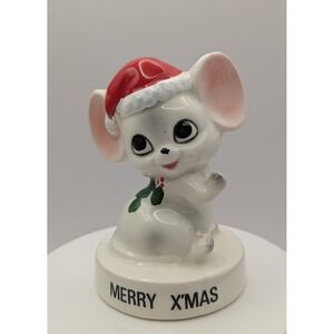 Vtg Norcrest Ceramic Merry X'mas Mouse Japan 1950s X-450 Holly Santa Hat